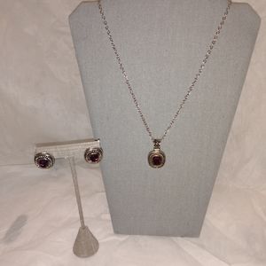 Silver and gold purple gem necklace with earrings